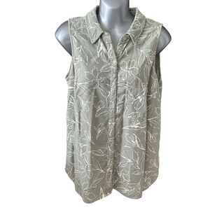 Ecothreads Women's Sleeveless Green Floral Button Up Blouse Size M